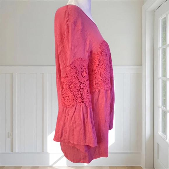 VALERIE STEVENS Women's Pink Crochet Paisley Lace Boho Bell Sleeve Top XL - Picture 5 of 14